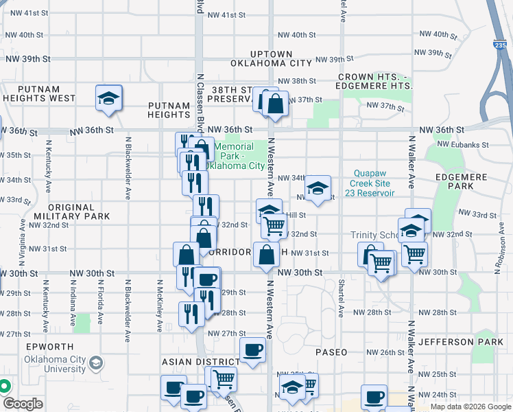 map of restaurants, bars, coffee shops, grocery stores, and more near 3309 North Lake Avenue in Oklahoma City