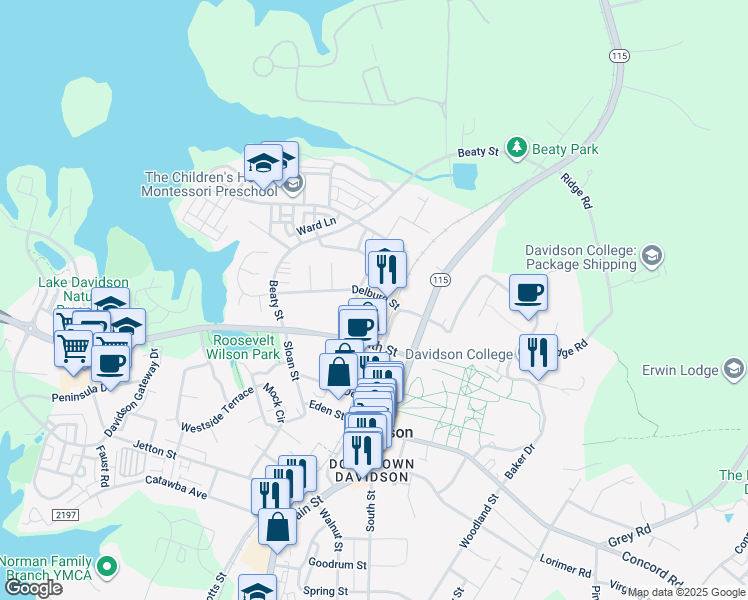 map of restaurants, bars, coffee shops, grocery stores, and more near 209 Delburg Street in Davidson