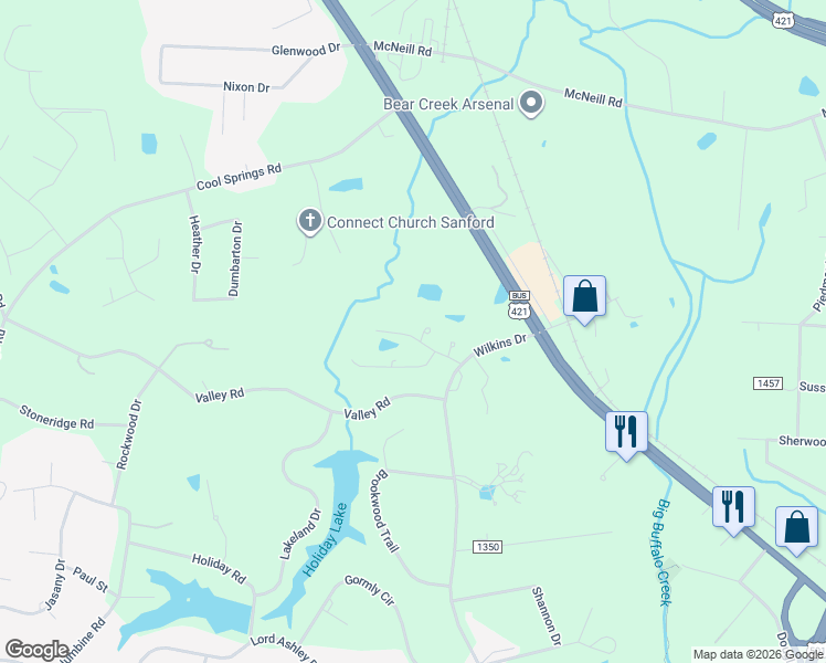map of restaurants, bars, coffee shops, grocery stores, and more near 1204 Radcliff Drive in Sanford