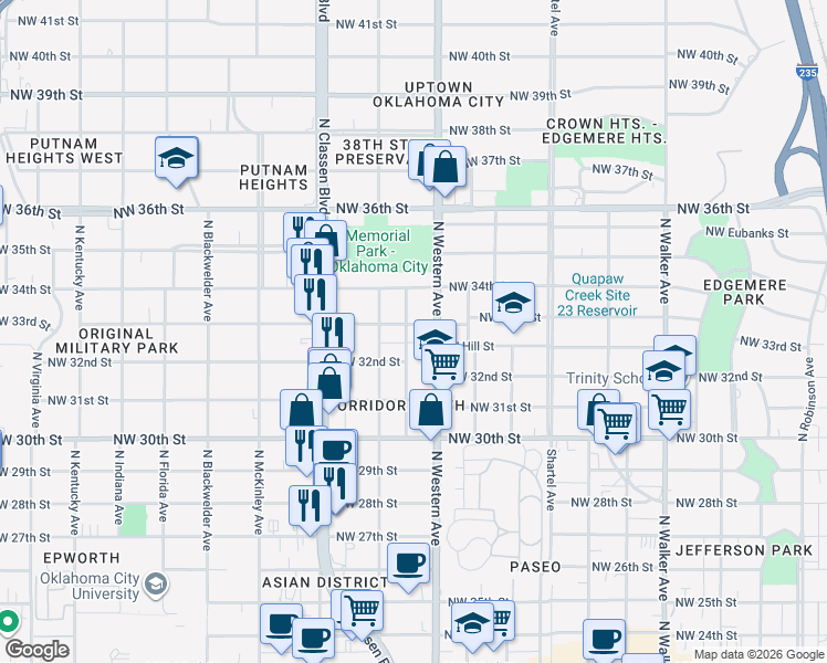 map of restaurants, bars, coffee shops, grocery stores, and more near 3309 North Lake Avenue in Oklahoma City