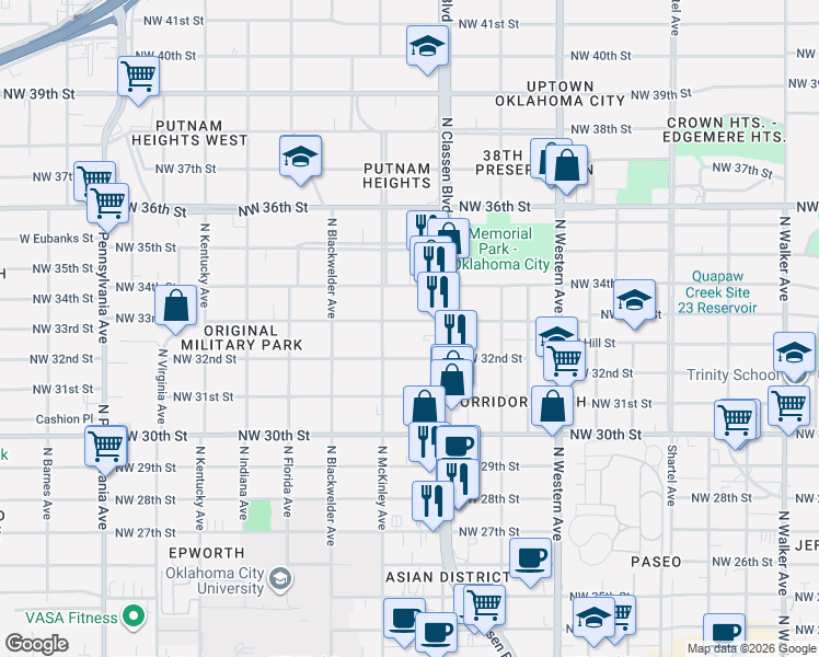 map of restaurants, bars, coffee shops, grocery stores, and more near 1433 Northwest 32nd Street in Oklahoma City