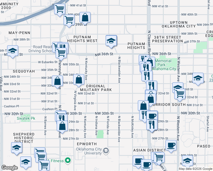 map of restaurants, bars, coffee shops, grocery stores, and more near 3315 North Florida Avenue in Oklahoma City