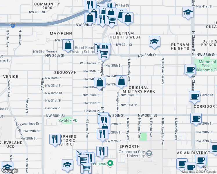 map of restaurants, bars, coffee shops, grocery stores, and more near 2020 Northwest 32nd Terrace in Oklahoma City