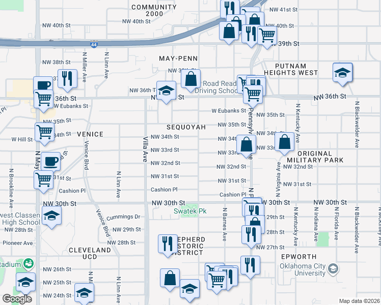 map of restaurants, bars, coffee shops, grocery stores, and more near 3307 North Youngs Boulevard in Oklahoma City