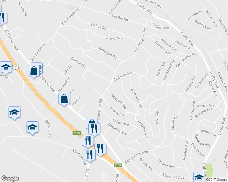 map of restaurants, bars, coffee shops, grocery stores, and more near 4075 Tranquilla Avenue in Atascadero