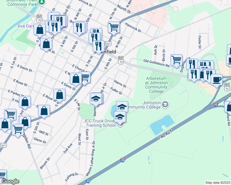 map of restaurants, bars, coffee shops, grocery stores, and more near 1108 Fuller Street in Smithfield