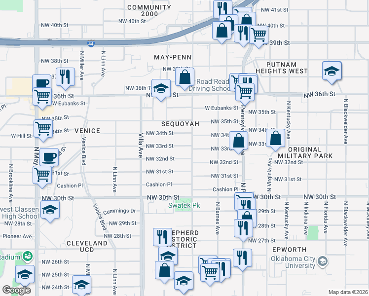 map of restaurants, bars, coffee shops, grocery stores, and more near 3307 North Youngs Boulevard in Oklahoma City