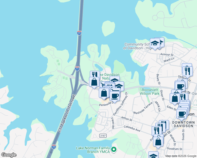 map of restaurants, bars, coffee shops, grocery stores, and more near 133 Harbour Place Drive in Davidson