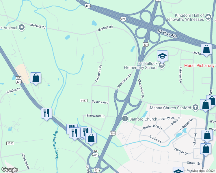 map of restaurants, bars, coffee shops, grocery stores, and more near 798 Canterbury Road in Sanford