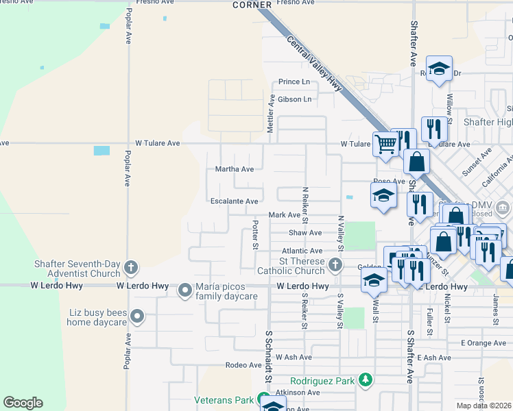 map of restaurants, bars, coffee shops, grocery stores, and more near 506 Mark Avenue in Shafter
