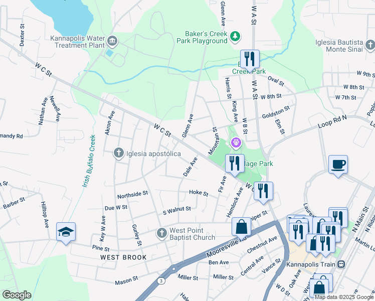 map of restaurants, bars, coffee shops, grocery stores, and more near 1017 West C Street in Kannapolis