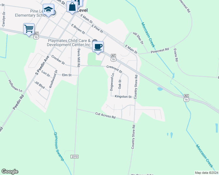 map of restaurants, bars, coffee shops, grocery stores, and more near 115 Dogwood Lane in Pine Level