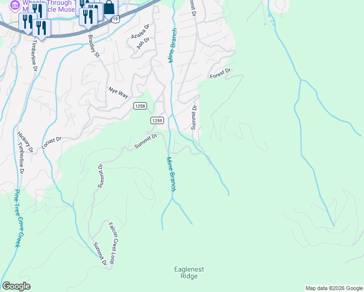 map of restaurants, bars, coffee shops, grocery stores, and more near 1107 Summit Drive in Maggie Valley