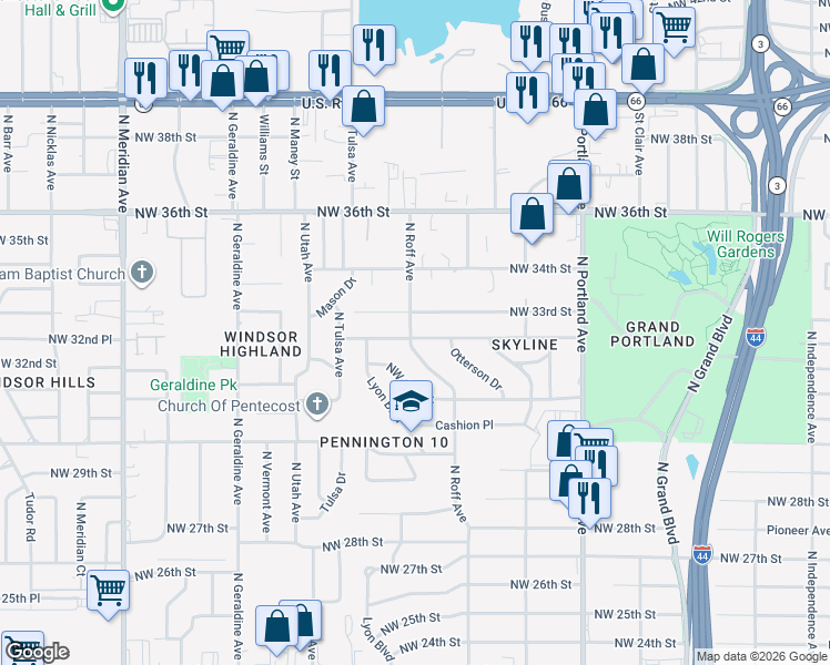 map of restaurants, bars, coffee shops, grocery stores, and more near 3257 North Roff Avenue in Oklahoma City
