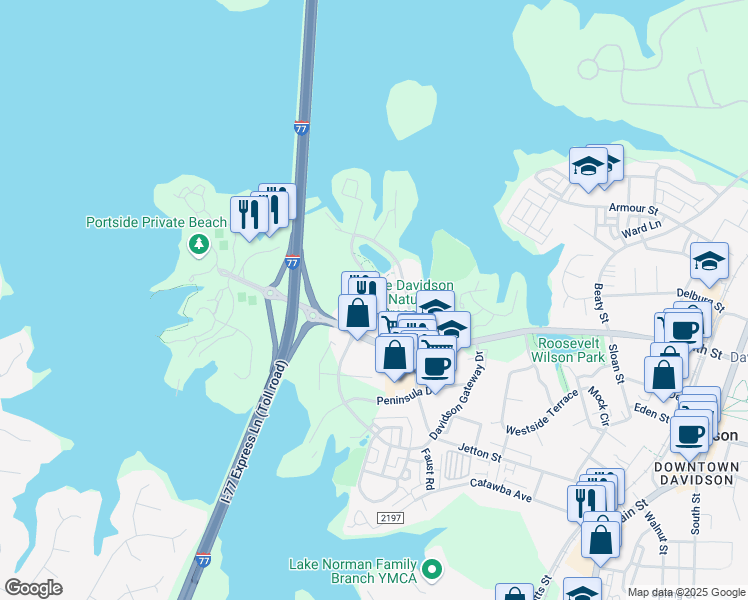 map of restaurants, bars, coffee shops, grocery stores, and more near 242 Harbour Place Drive in Davidson