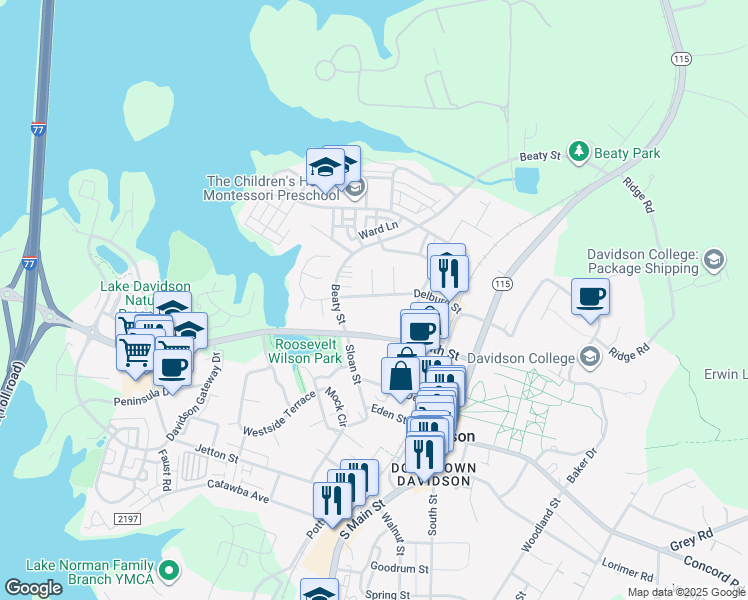 map of restaurants, bars, coffee shops, grocery stores, and more near 347 Delburg Street in Davidson