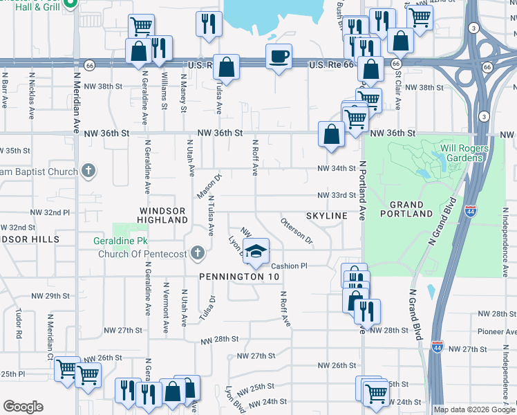 map of restaurants, bars, coffee shops, grocery stores, and more near 3257 North Roff Avenue in Oklahoma City