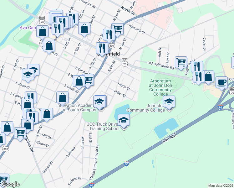 map of restaurants, bars, coffee shops, grocery stores, and more near 1012 Lemay Street in Smithfield