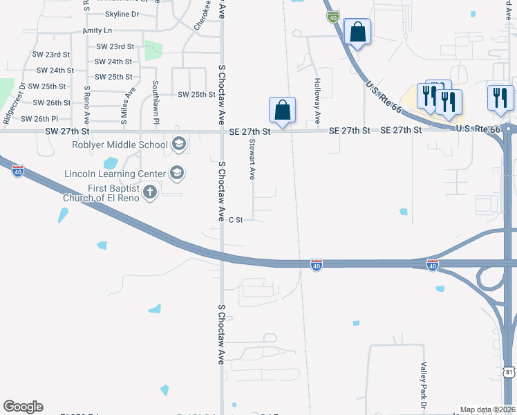 map of restaurants, bars, coffee shops, grocery stores, and more near 3103 Stewart Avenue in El Reno