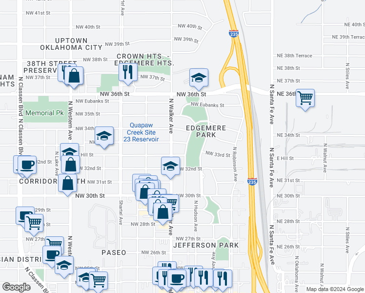 map of restaurants, bars, coffee shops, grocery stores, and more near 404 Northwest 33rd Street in Oklahoma City