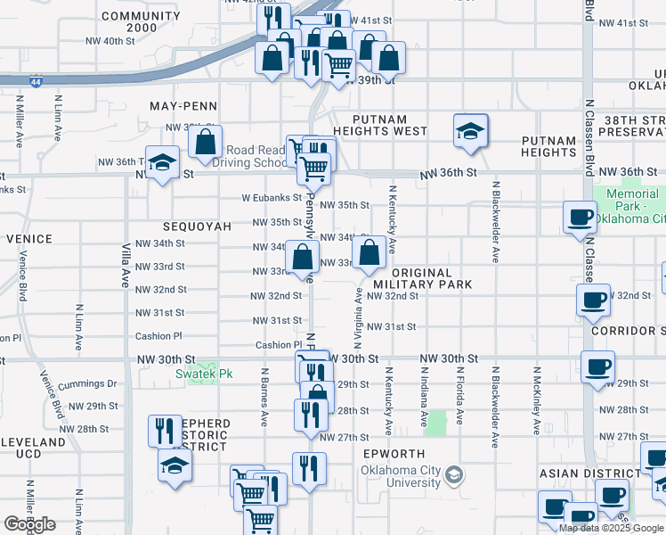 map of restaurants, bars, coffee shops, grocery stores, and more near 2020 Northwest 32nd Terrace in Oklahoma City