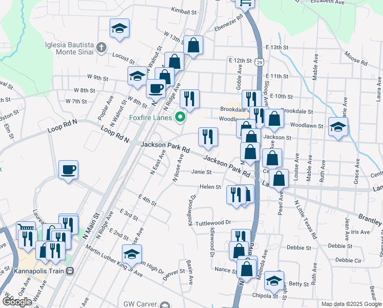 map of restaurants, bars, coffee shops, grocery stores, and more near 452 Jackson Park Road in Kannapolis