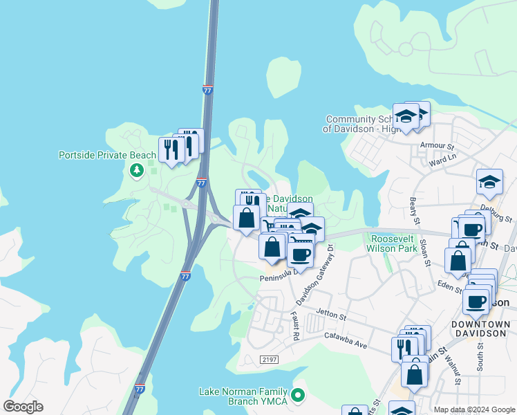 map of restaurants, bars, coffee shops, grocery stores, and more near 246 Harbour Place Drive in Davidson