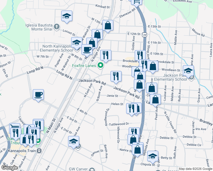 map of restaurants, bars, coffee shops, grocery stores, and more near 452 Jackson Park Road in Kannapolis