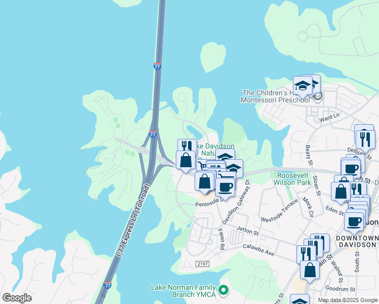 map of restaurants, bars, coffee shops, grocery stores, and more near 133 Harbour Place Drive in Davidson