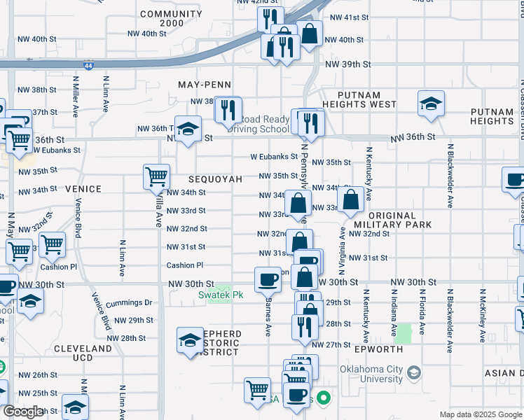 map of restaurants, bars, coffee shops, grocery stores, and more near 2220 Northwest 33rd Street in Oklahoma City