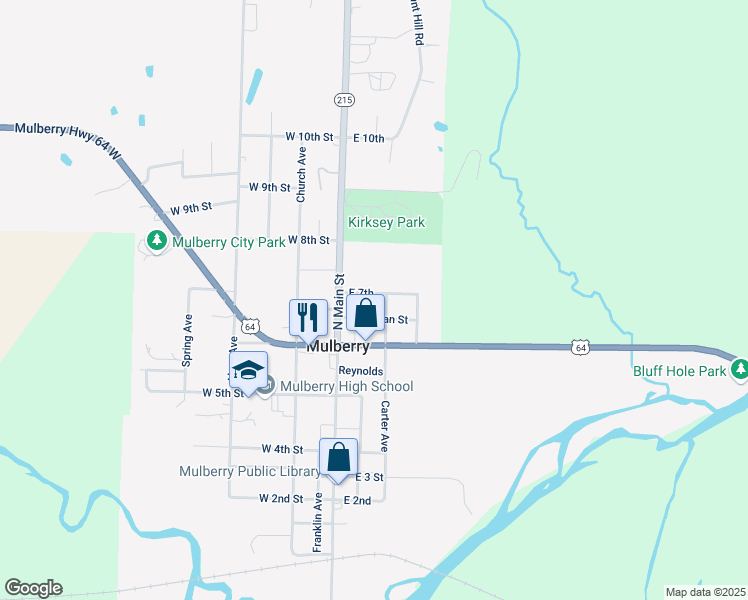 map of restaurants, bars, coffee shops, grocery stores, and more near 128 East Holman Street in Mulberry