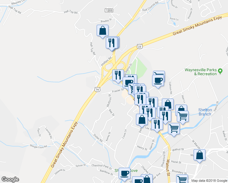 map of restaurants, bars, coffee shops, grocery stores, and more near 134 Frazier Street in Waynesville