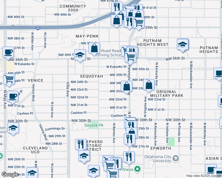 map of restaurants, bars, coffee shops, grocery stores, and more near 2220 Northwest 33rd Street in Oklahoma City