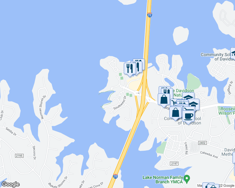 map of restaurants, bars, coffee shops, grocery stores, and more near 768 Southwest Drive in Davidson