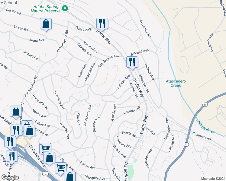 map of restaurants, bars, coffee shops, grocery stores, and more near 4675 Viscano Avenue in Atascadero