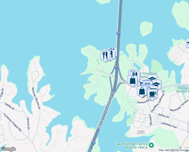 map of restaurants, bars, coffee shops, grocery stores, and more near 723 Southwest Drive in Davidson
