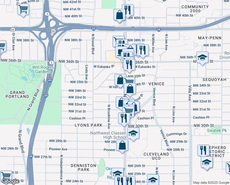 map of restaurants, bars, coffee shops, grocery stores, and more near 2929 Northwest 33rd Street in Oklahoma City