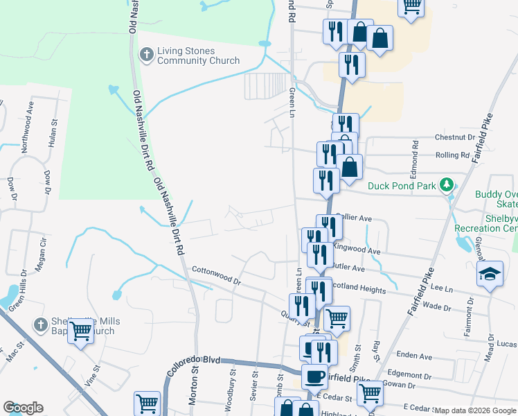 map of restaurants, bars, coffee shops, grocery stores, and more near 204 Archery Lane in Shelbyville