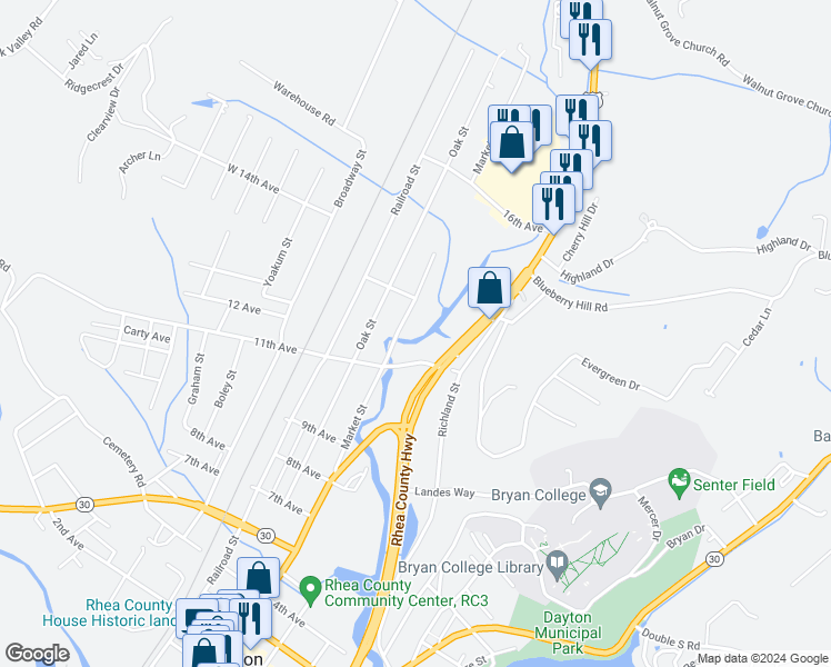 map of restaurants, bars, coffee shops, grocery stores, and more near 6986 Rhea County Highway in Dayton