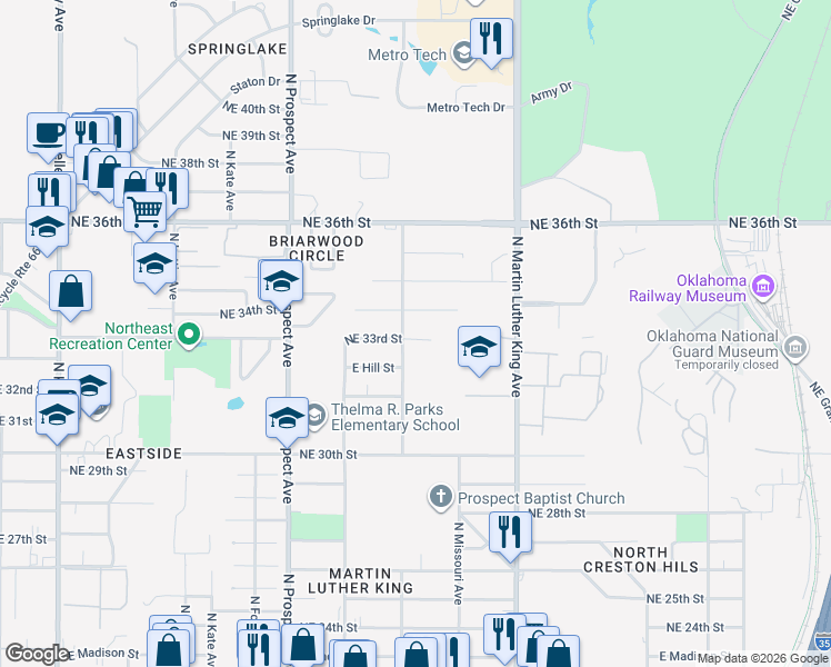 map of restaurants, bars, coffee shops, grocery stores, and more near in Oklahoma City