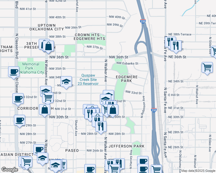 map of restaurants, bars, coffee shops, grocery stores, and more near 423 West Hill Street in Oklahoma City
