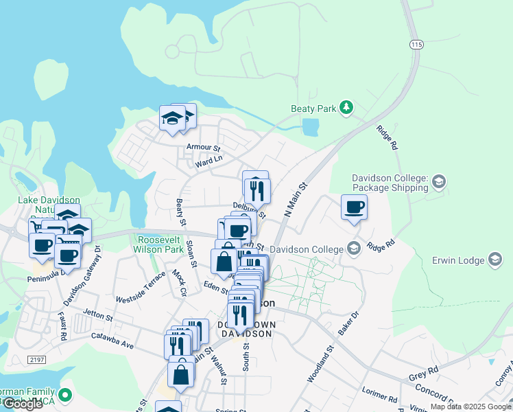 map of restaurants, bars, coffee shops, grocery stores, and more near 210 Delburg Street in Davidson