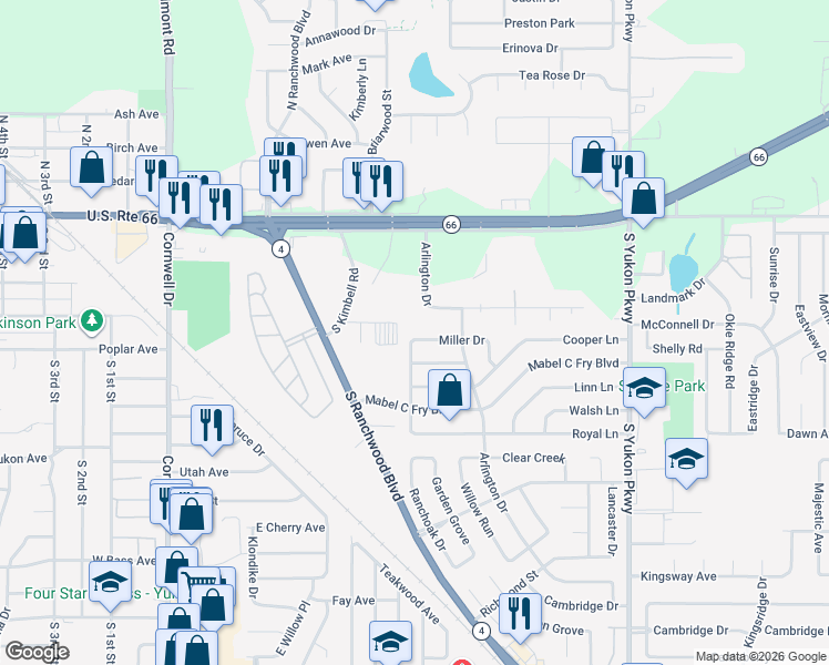 map of restaurants, bars, coffee shops, grocery stores, and more near 709 Markley Lane in Yukon