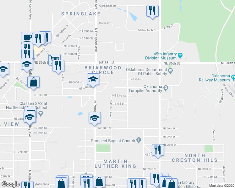 map of restaurants, bars, coffee shops, grocery stores, and more near 1621 Northeast 33rd Street in Oklahoma City