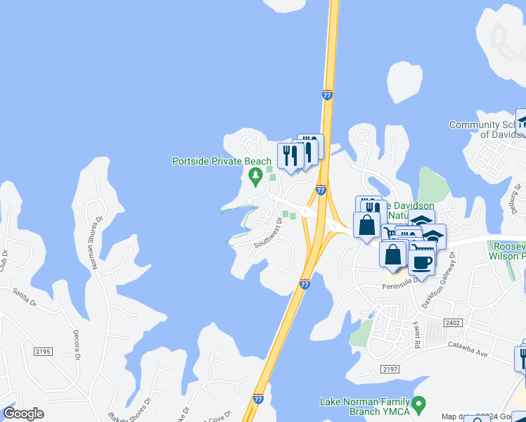 map of restaurants, bars, coffee shops, grocery stores, and more near 726 Southwest Drive in Davidson