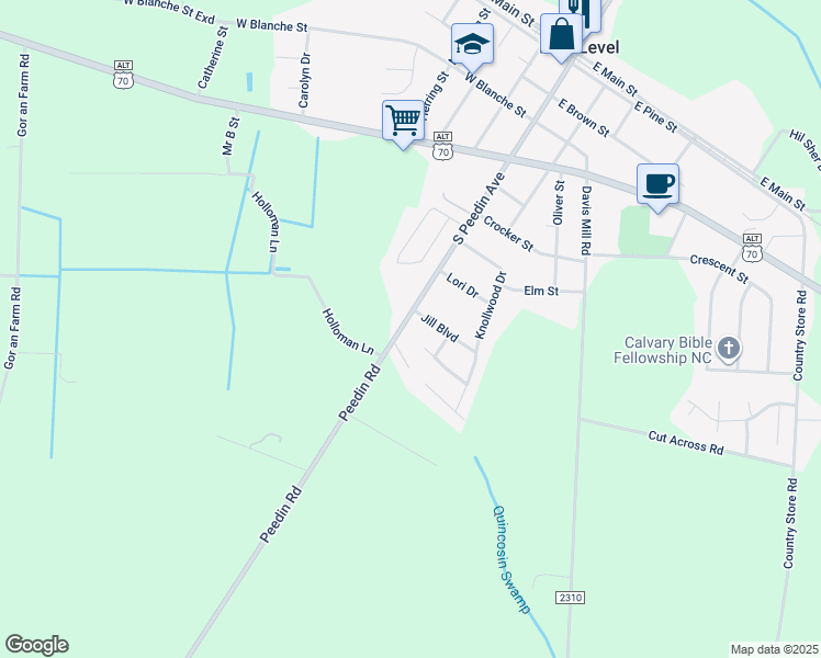 map of restaurants, bars, coffee shops, grocery stores, and more near 522 South Peedin Avenue in Selma