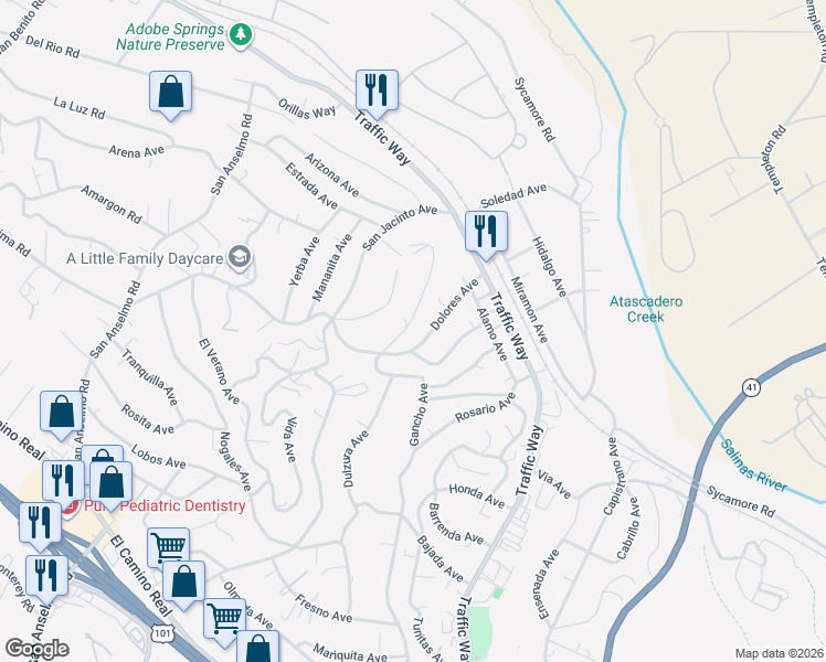 map of restaurants, bars, coffee shops, grocery stores, and more near 4675 Viscano Avenue in Atascadero