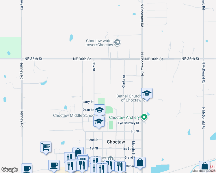 map of restaurants, bars, coffee shops, grocery stores, and more near 3401 Elizabeth Street in Choctaw