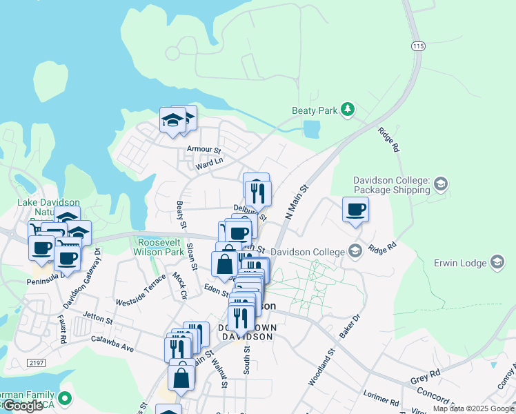 map of restaurants, bars, coffee shops, grocery stores, and more near 210 Delburg Street in Davidson