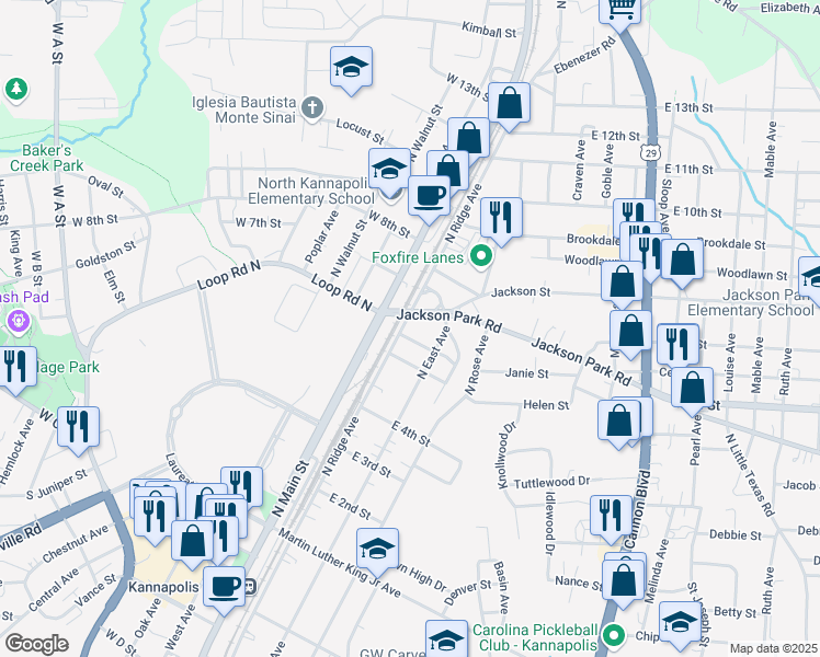 map of restaurants, bars, coffee shops, grocery stores, and more near 510 North Ridge Avenue in Kannapolis